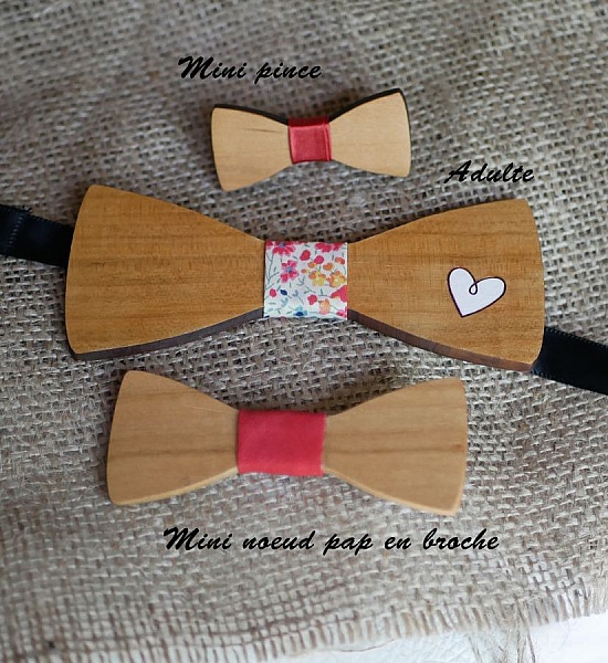Barrettes et nœuds papillons en bois personnalisables.