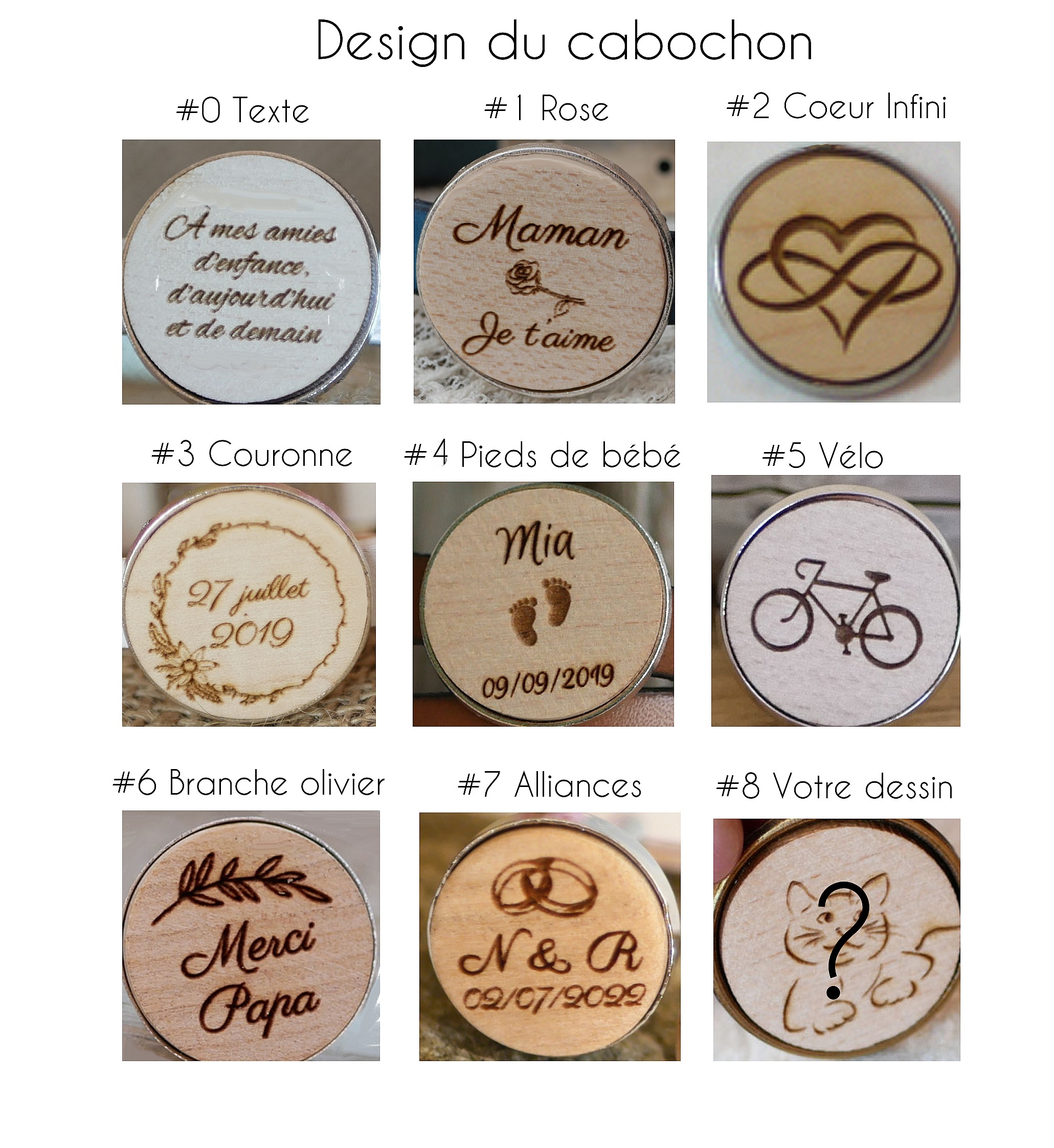 Exemples de designs pour pendentif en bois gravé personnalisé.